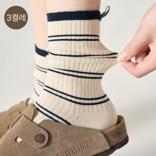 morim 여성 양말 줄무늬 봄여름 양말 중목 양말 학생 패션 면질 양말 3족 세트