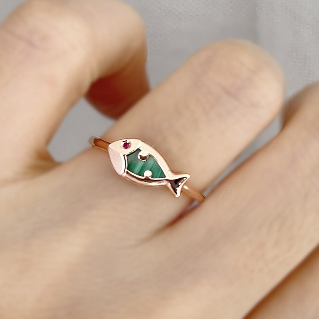  14k 18k 말라카이트 물고기 반지 ﻿