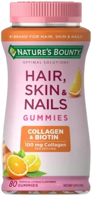Nature's Bounty Optimal Solutions 비오틴과 콜라겐이 함유된 헤어 피부 및 손톱 시트러스 맛 젤리 비타민 보충제 2500mcg 80개입 1383, 80, 1개 - 쿠팡