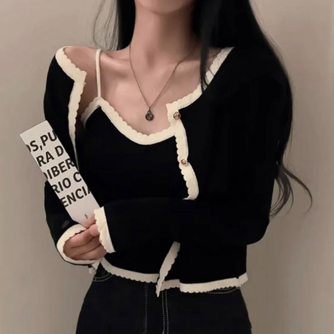 라라홀리 배색 물결 트리밍 크롭 니트 나시 가디건 세트