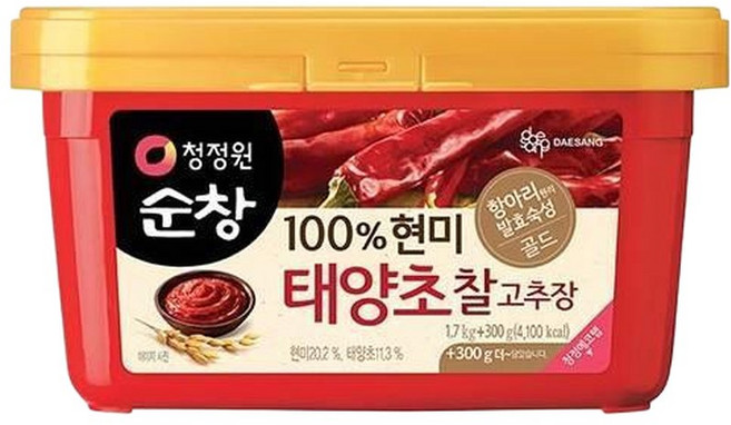 | 청정원 | 순창 현미 찰고추장 1.7kg+300g 맛있게 매운 요리 펜트리 쌀 간단 국산고추장 골드, 1개