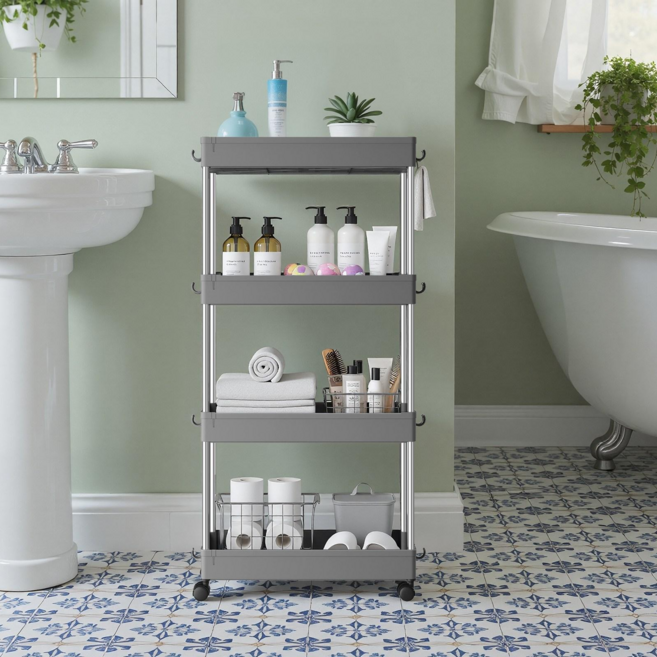 SONGMICS 다용도 이동식 360도 회전 바퀴 플라스틱 틈새 트롤리 욕실 주방 사무실 세탁실용, 그레이, 4단