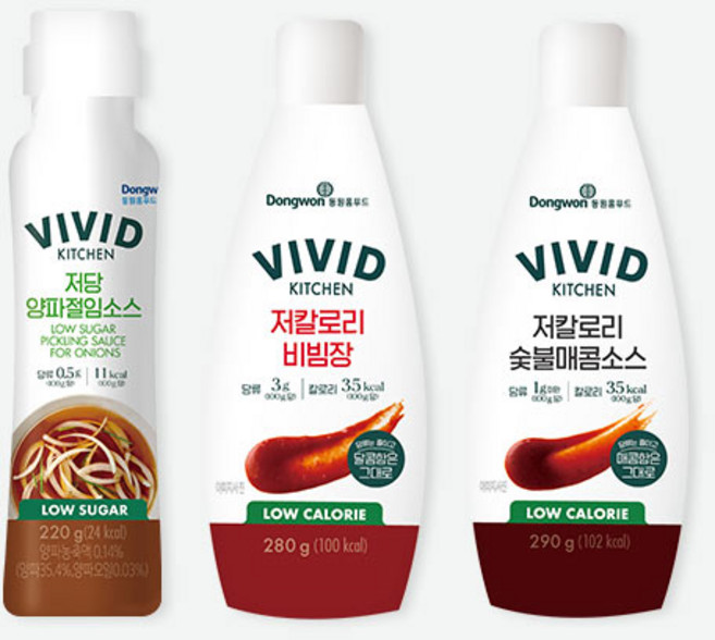 [삼겹살소스팩] 동원홈푸드 비비드키친 저당 양파절임소스 + 저칼로리 소스 2종(비빔장 + 숯불매콤), 1개, 220g, 상세 설명 참조