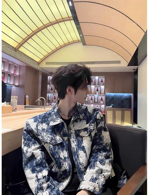 漸變紮染巴洛克外套 男 潮高級感痞帥韓係風格穿搭翻領墊肩短款夾克