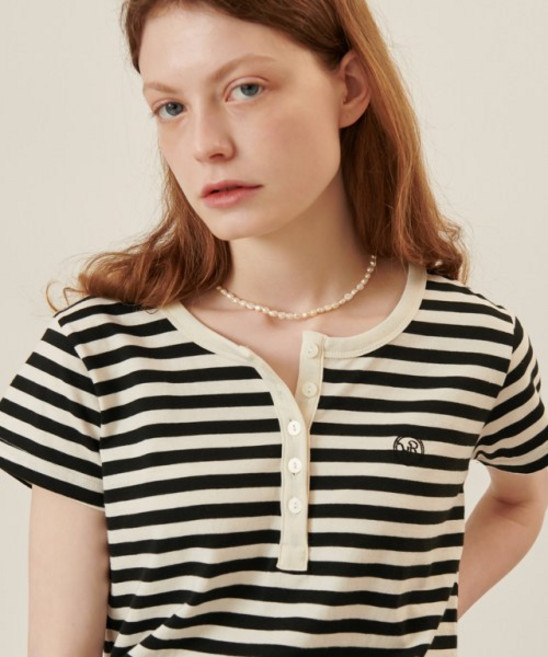 RONRON HENRY넥 하프 T 셔츠 블랙 스트라이프