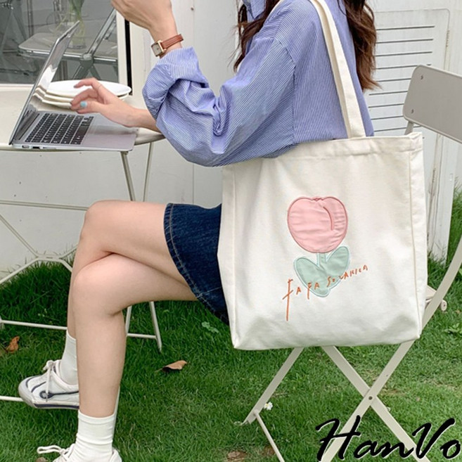 HanVo 鬱金香花刺繡帆布包 韓國百搭實用大容量上課上班包 韓系女生包 C05-1074