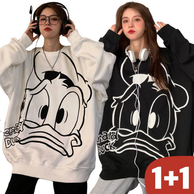 100kg까지 빅사이즈 1+1 여성 캐릭터 나른한 인스 맨투맨 긴팔티 봄 가을 편한 아메리칸 빈티지 무지 심플 프린트 루즈핏 패션 데일리 캐주얼 박스 코디하기 좋은 4xl 맨투맨티