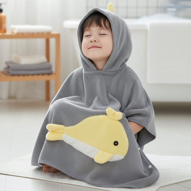 달콩슈 아동용 귀염뽀짝 판초형 목욕타월 비치가운 수건 대형 DWT033, 1개, 그레이