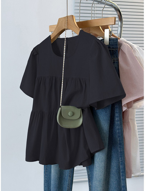 부엉구구 OW0117A 여성 여름 캐주얼 루즈핏 라운드넥 플리츠 주름 셔링 반팔 블라우스