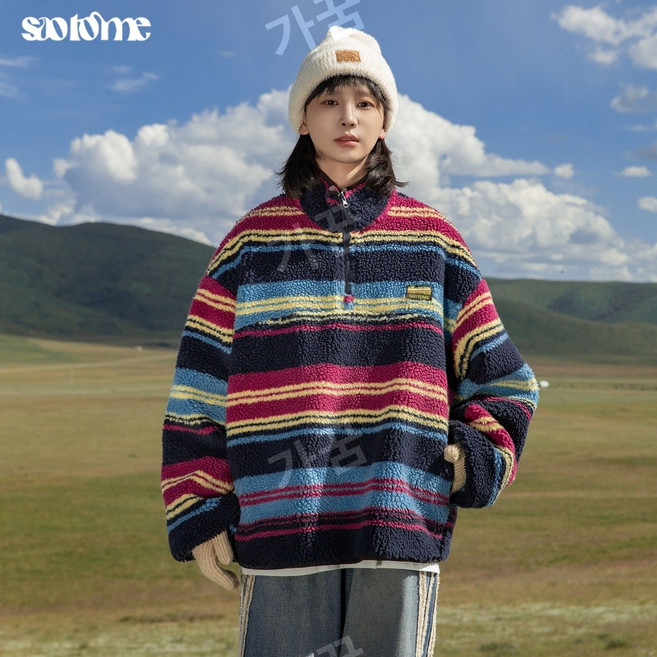 일본식 야외 컬러풀 스트라이프 양털 하프 지퍼 따뜻한 스웨트 재킷 가을 겨울