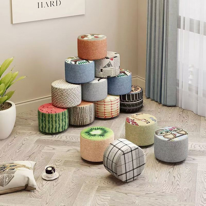 時尚圓凳 布藝矮凳 家用簡約沙發換鞋凳 實木板凳休閒椅凳, 1個, 20高 隨機墩子 新款設計