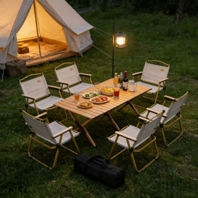 접이식 캠핑 테이블 의자 6인용 세트 실내 야외 다용도 테이블 의자 세트, 오크옐로우