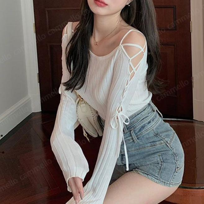 cammello 코르셋 슬리브 오프숄더 골지 슬림핏 긴팔 니트티 댄스복 클럽룩