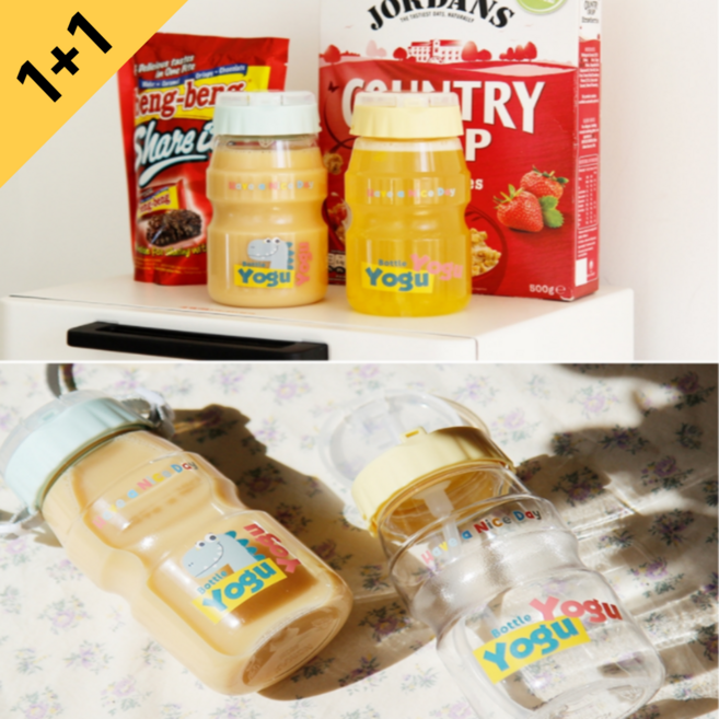 [1+1] 요구르트 빨대 물병 460ml 열탕 어린이 물통 스트랩, 민트_요구르트 빨대물병, 옐로우_ 요구르트 빨대물병