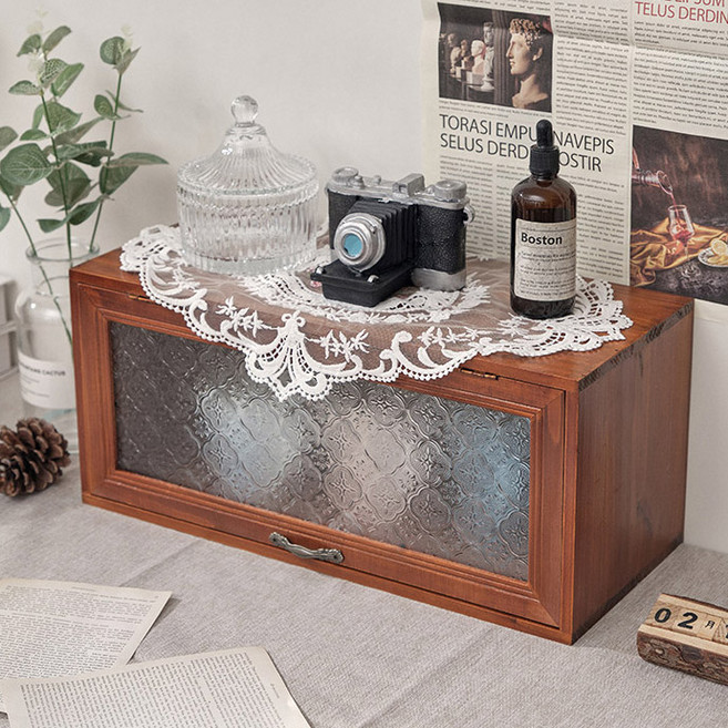 빈티지 원목 장식장 미니 유리 수납장 데스크 수납함 주방 소품 정리함, 브라운
