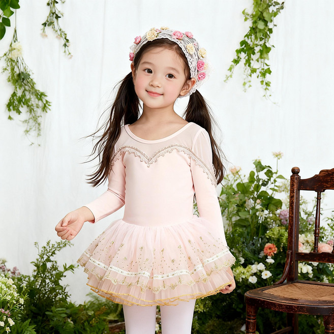 유아 여아 소녀 발레복 긴팔 레이스 장식 치마 연분홍 단추형 발레드레스