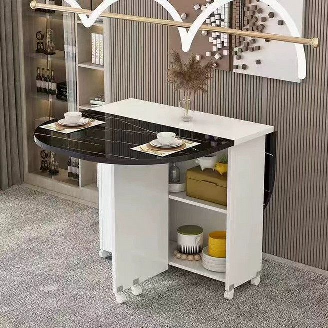 머스코 이동식 확장형 접이식 식탁 공간활용 테이블, 120x60x77, 1개, 타원형 화이트캐비닛+블랙마블