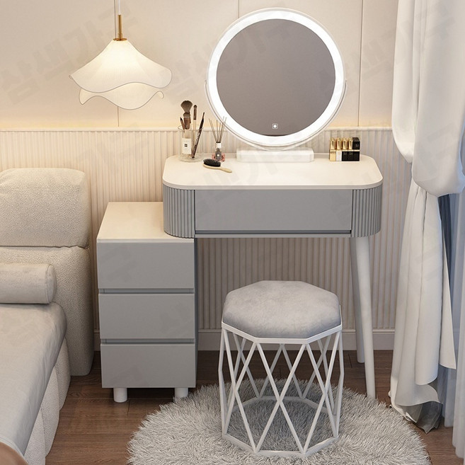 삼색가구 미니 화장대소형다용도조명거울LED스트립좌식화장대세트의자포함 수납장 (방문 설치 서비스), A 새둥지 스툴, 그레이