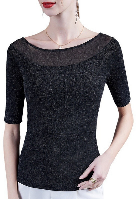 TIMEPURE 5부소매 망사 탑 여성용 사계절 빅 라운드넥 베이직 티셔츠 신축성 있는 슬림핏 내의 상의