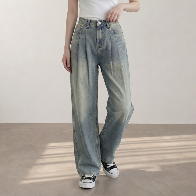 모던스튜디오 여성 빈티지 핀턱 와이드 청바지