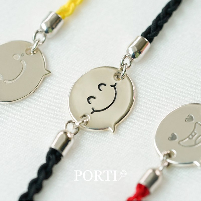 [뽀르띠] 92.5% 실버 말풍선 이모티콘 미아방지 실크 매듭 팔찌, 노랑색, 미소, 화이트 골드 도금 추가, 1개