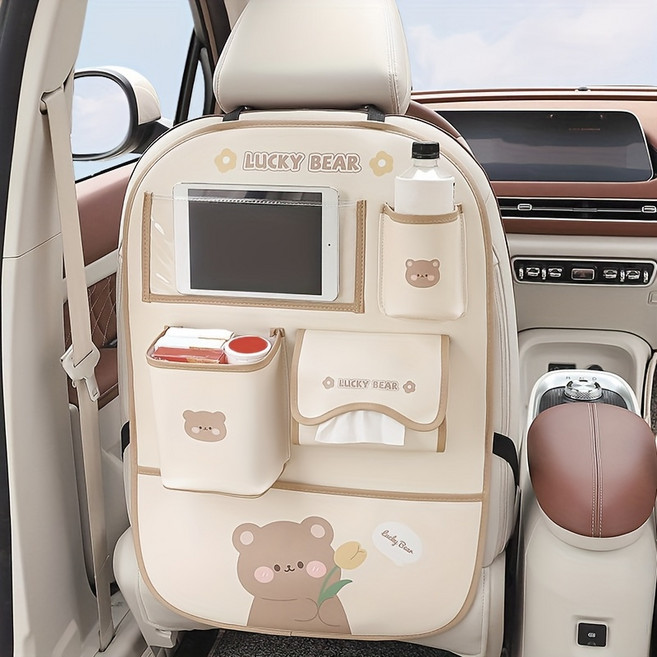 귀여운 차량용 시트 등받이 다용도 수납 포켓 정리함, 베이지 곰돌이, 1개