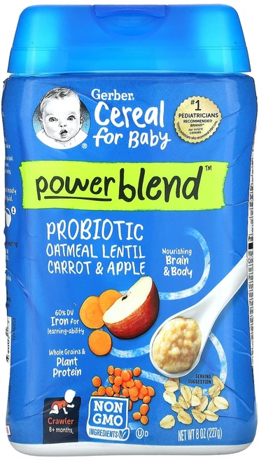 Gerber 아기용 시리얼 강력한 혼합물 생후 8개월 이상 프로바이오틱 오트밀 렌틸콩 당근 및 사과 227g(8oz), Gerber아기용시리얼강력한혼합물생후8개월이상프로바이오, 227g, 1개 - 쿠팡