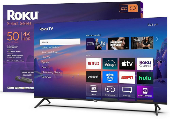 Roku 스마트 TV 2025 - 50인치 셀렉트 시리즈 4K HDR 향상된 음성 리모컨이 있는 RokuTV Wi-Fi가 포함된 평면 LED TV로 지역 뉴스 스포츠 가족