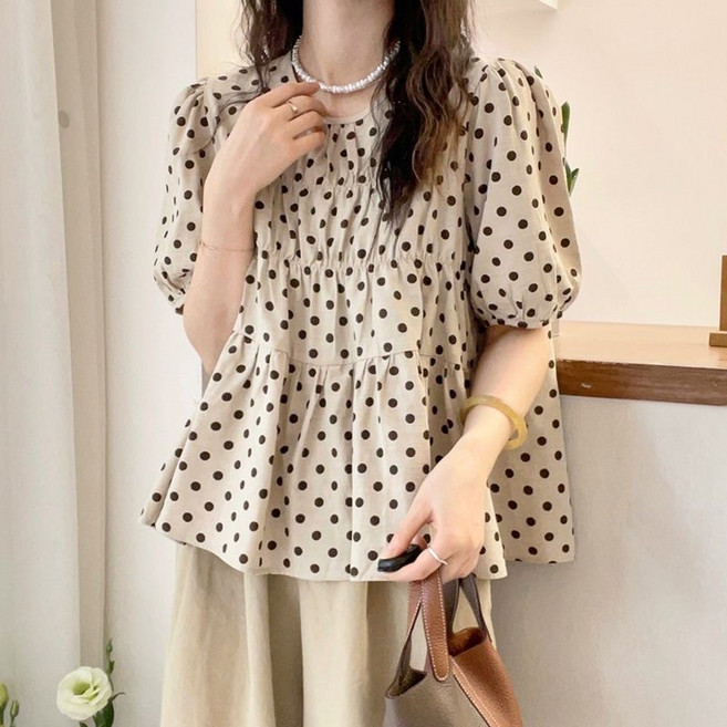 루스리더 여성 반팔 루즈핏 땡땡이 블라우스 M754