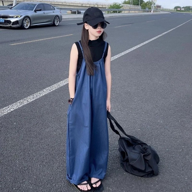 해피유통 여아 여름 무소매 캐주얼 멜빵 바지 세트 간편한 루즈핏디자인14세 이상