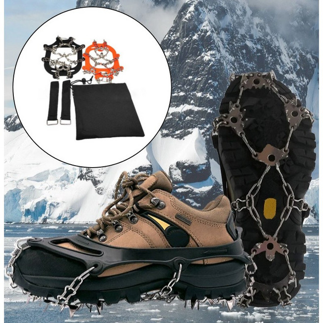 윈터리스 아웃도어 23핀 강력 논슬립 스태인리스 아이젠 + 전용 파우치 벨크로, 블랙