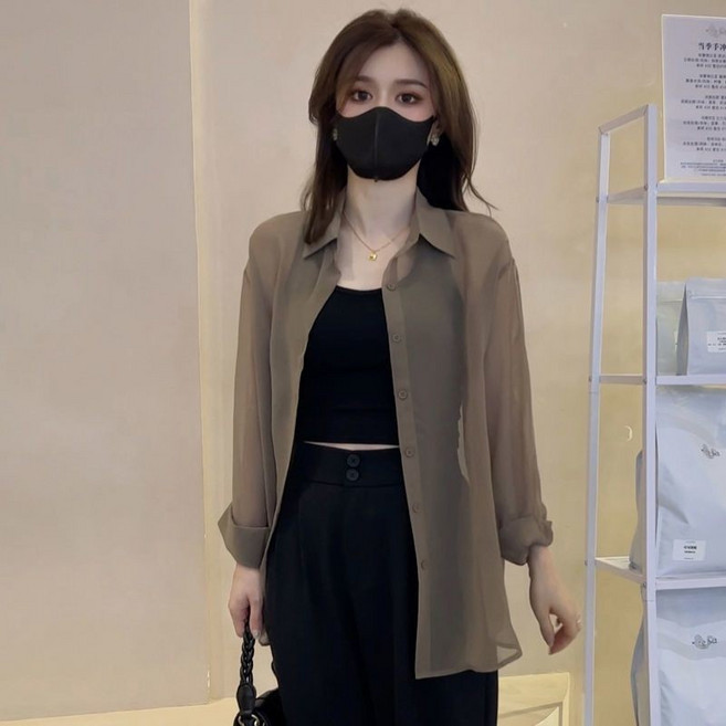 2024新款女款冰絲防曬衣 夏季寬鬆長袖雪紡襯衫外套, 卡其,3XL 80-90公斤