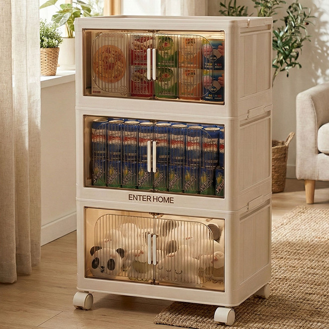 엔터홈 이동식 폴딩박스 접이식 수납 캐비닛 다용도 리빙박스 정리함 투명문 고급형, 아이보리 화이트+브라운 투명창문