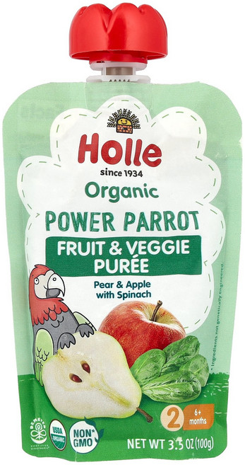 Holle 유기농 과일 & 채소 퓨레 파워 패롯 6개월 이상 배 및 사과 함유 시금치 100g(3.5oz) Holle (홀레), 1개, 100g