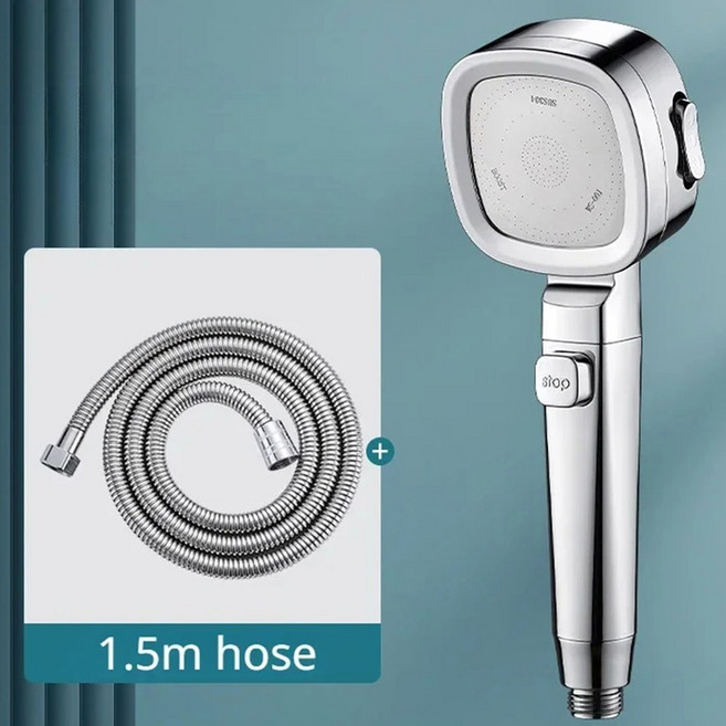 High Pressure 3 Modes Shower Water Saving Adjustable Heads One-Key Stop Massage Sprayer Bathroom Acc, Silver with hose