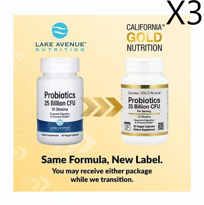 캘리포니아 골드 뉴트리션 프로바이오틱스 10균주 혼합 250억 CFU 식물성 캡슐 60 정, 3개, 60정