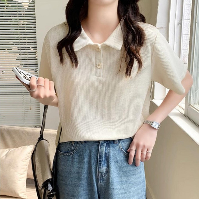 자칠 여성 와플 폴로 카라 반소매 셔츠 카라 반팔 티셔츠 정숄더 폴로 셔츠