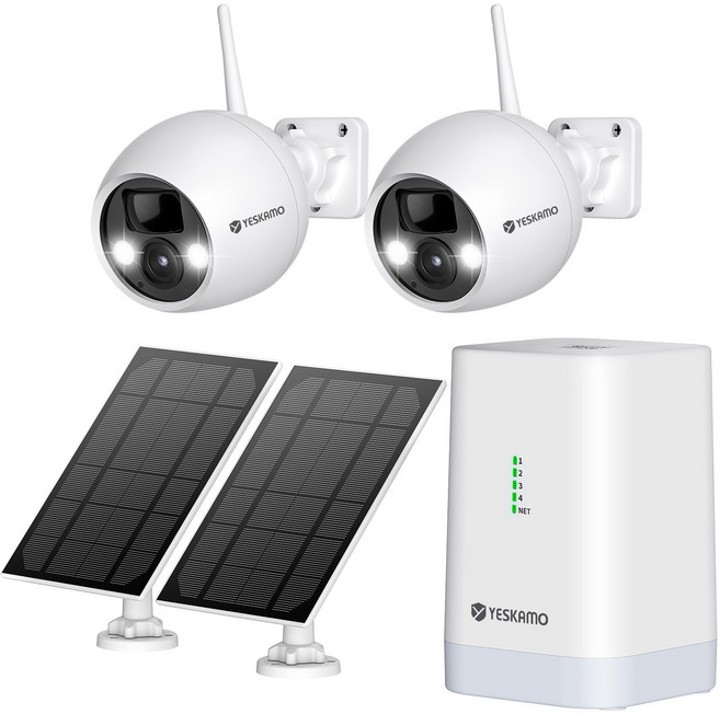 YESKAMO 예스카모 4채널 400만 화소 배터리 무선 태양광패널 CCTV 카메라 세트, 태양광패널 배터리 카메라 2세트+베이스 스테이션 1대, 1개