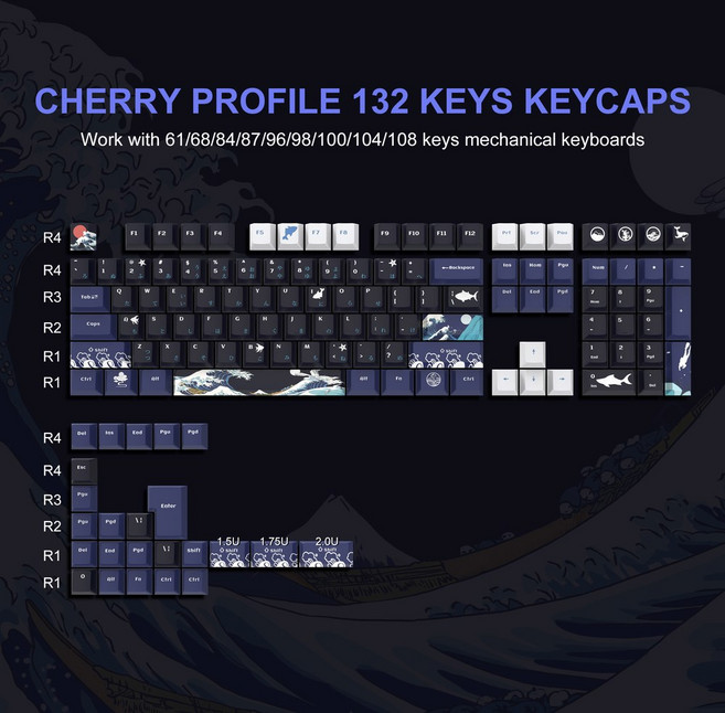PBT 키 캡 Yuki Aim Keycaps 일본어 레이아웃 체리 프로파일, black sea 132