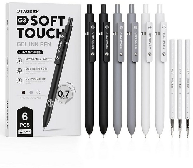 스테이지크 블랙 젤 펜 3개의 리필이 추가된 6PCS 파인 포인트 스무스 필기 저널링용 퀵 드라이 잉크 사무실 노트 필기 학용품 간호사 에스테틱(블랙 그레이 화이트) [미국배송, 6