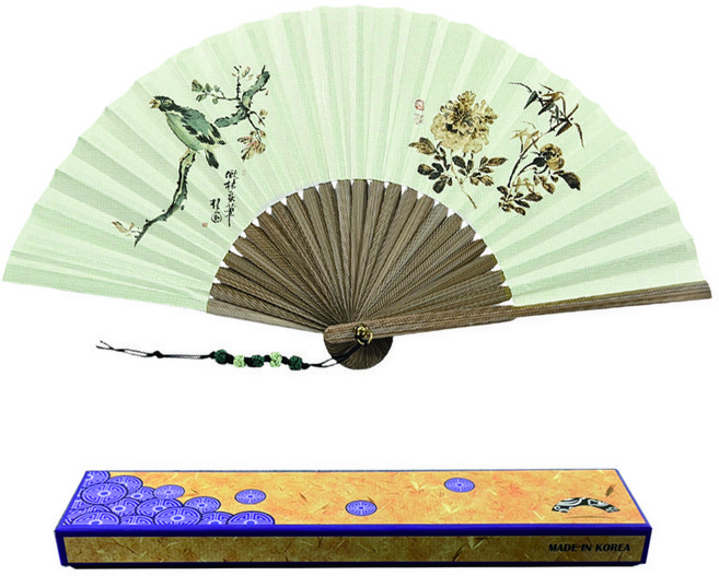 포미모어 전통 민속화 접이식 대나무 부채 중형 국내제작, 김홍도 팔가조도와 모란죽도, 1개