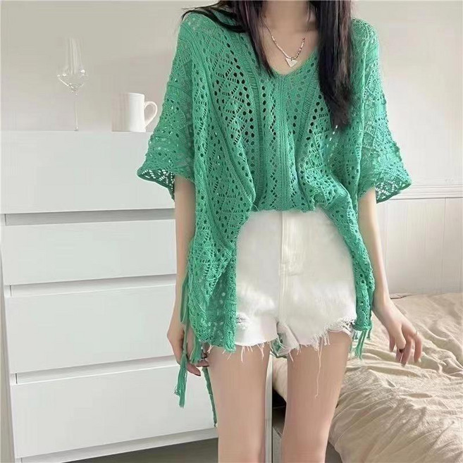 메인워크 여성 얇은 가디건 여름용 냉장고 컴포트 햇빛 차단 하프 기장 데일리 브이넥 기질 패션 루즈핏 니트 펀칭 코트 블라우스 상의