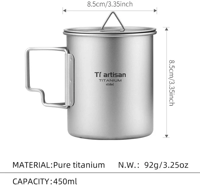 Tiartisan 350ml 컵 하이킹 식기 Fodable Handle 뚜껑이있는 커피 경량 서리로 덥은 머그잔, 05 Ta8307-450ml