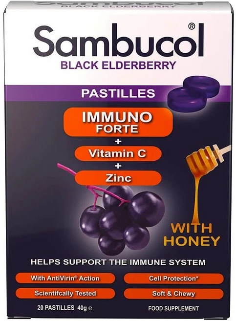 영국 삼부콜 Sambucol 이뮨 포르테 비타민C + 아연 블랙엘더베리 씹는 파스틸 캔디, 2개, 20정 - 쿠팡