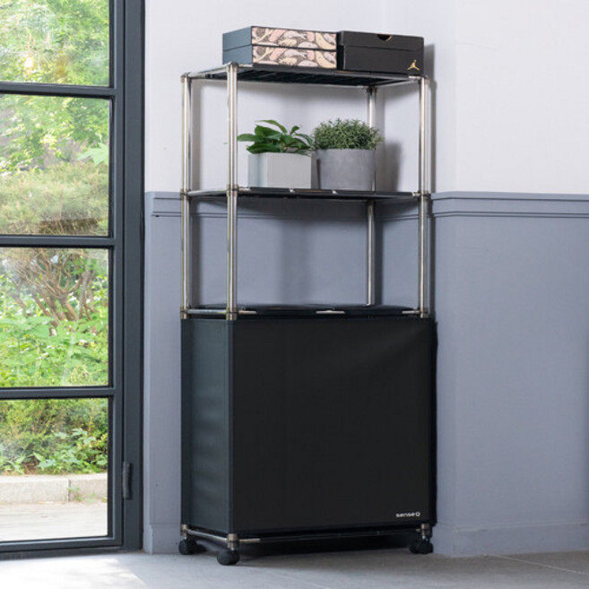 센스큐 이지핏 매직 2구 가정용 분리수거함 이동식 대용량 쓰레기통 64L, 블랙, 1개