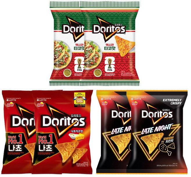 도리토스 멕시칸 타코맛 70g x2+도리토스 양념갈비치킨맛x2+도리토스 치즈x2, 없음, 476g, 1세트