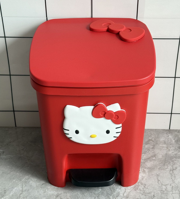 헬로키티 캐릭터 디자인 고급 대용량 페달식 뚜껑 휴지통 가정용 거실 침실 욕실 주방 다용도 위생 밀폐형 인테리어 쓰레기통, 12L, 빨간색 쓰레기통