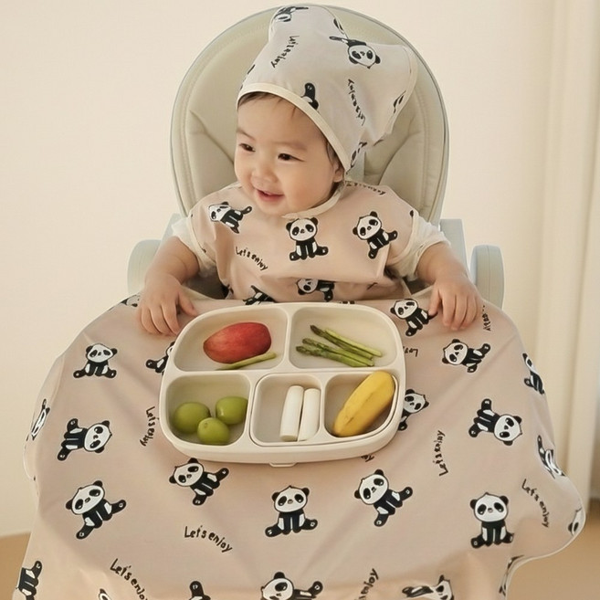 아이레빗 국내생산 유아용 아기 민소매 식탁일체형 자기주도 방수 턱받이 풀커버 나시, 풀커버 나시_판다, 1개, 1개입