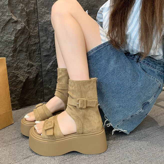 FANSYLI 여성 스웨이드 앵클 부츠 플랫폼 샌들부츠 통굽 웨스턴부츠 펀칭 워커 키높이 로마샌들 여름 데일리슈즈 7cm WY2604A09