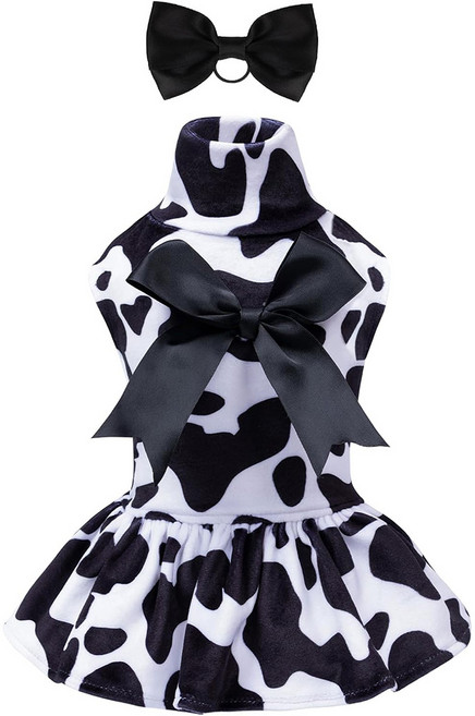 큐트본 소형견 터틀넥 벨벳 드레스형 부드럽고 편안하며 리본 장식, 1개, 흑백